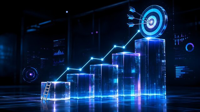 Holographic transparent business growth chart with glowing trend line target and floating digital data analytics panels