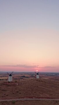 Don quixote windmills sunset aerial view in alcazar de san juan, spain