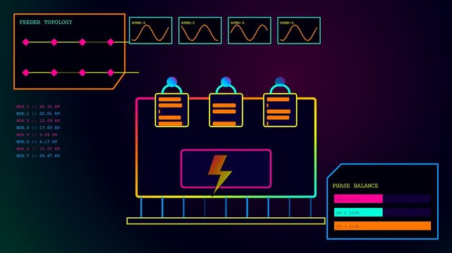 Digital displays showing charging infrastructure status metrics and power grid voltage data visualization in a neon interface style with animated electrical sine wave signals pulsing