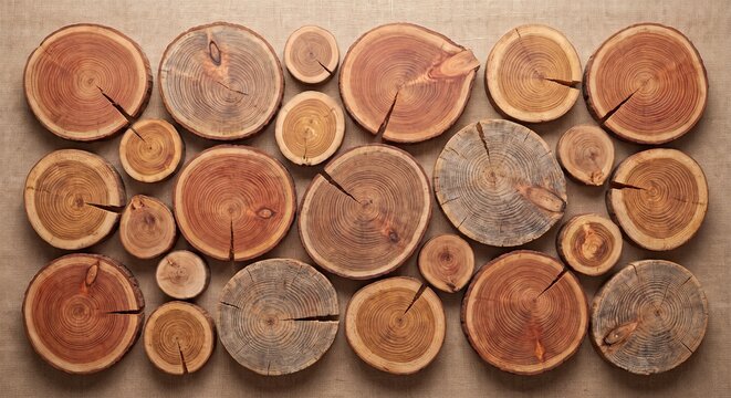 Various natural wood slices with distinct annual rings and intricate grain patterns, arranged on a rustic beige burlap texture background, offering an organic and earthy backdrop.