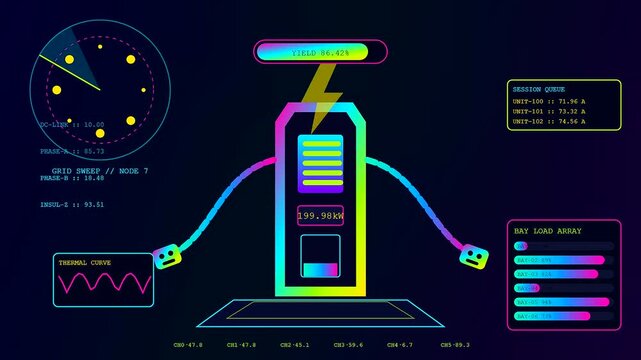 Digital charging infrastructure displays showing energy flow metrics and system load data in a sleek minimalist interface with vibrant neon graphical elements and glowing power stations