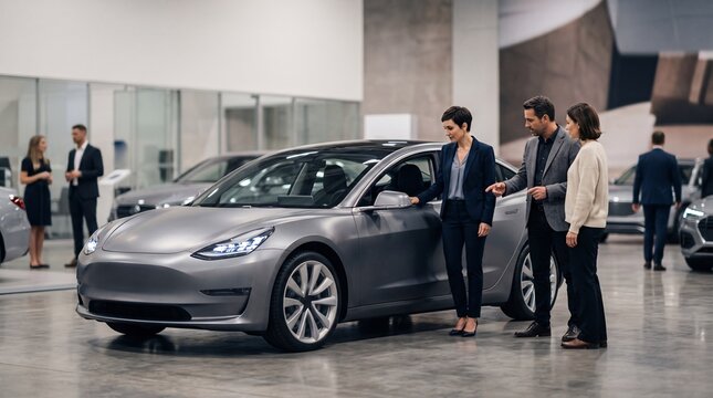 Clients d&eacute;couvrant une voiture &eacute;lectrique dans une concession automobile