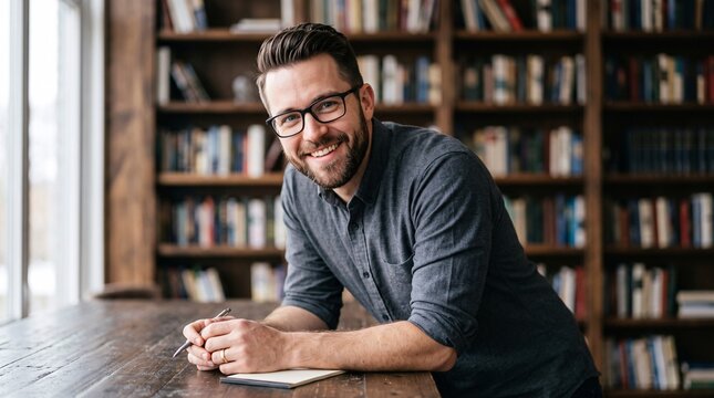 Homme souriant assis devant une biblioth&egrave;que