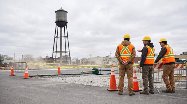 Ouvriers observant un chantier pr&egrave;s d&rsquo;un ch&acirc;teau d&rsquo;eau