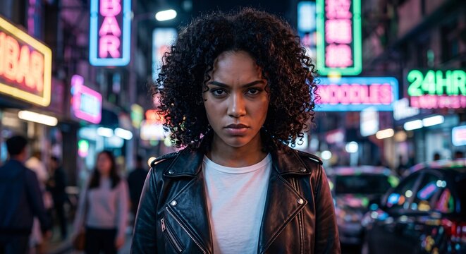Portrait s&eacute;rieux d&rsquo;une jeune femme dans une ville illumin&eacute;e la nuit