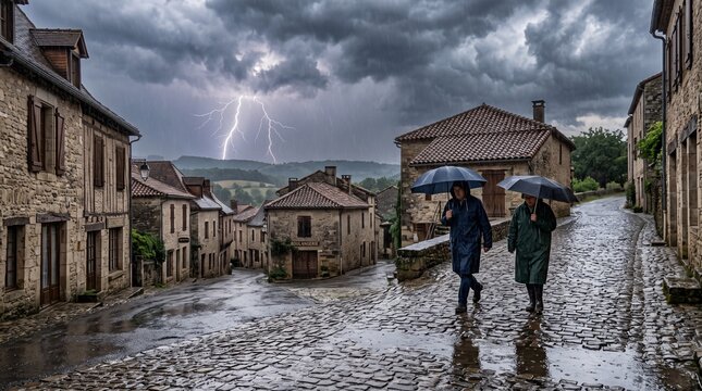 Voyageurs sous la pluie dans un village ancien pendant un orage