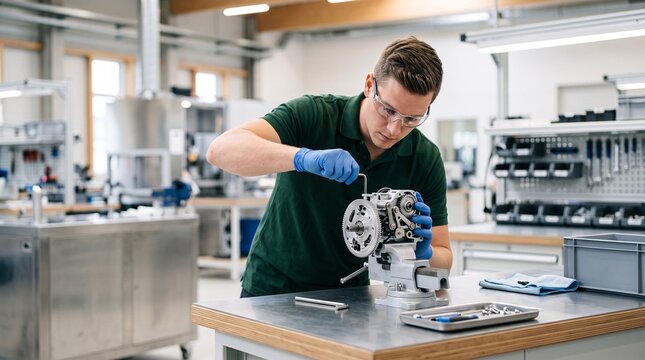 Technicien travaillant sur un composant m&eacute;canique dans un atelier moderne