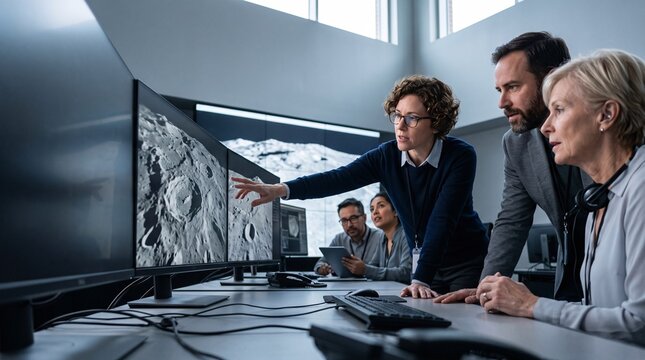 &Eacute;quipe scientifique analysant la surface lunaire dans un centre de contr&ocirc;le