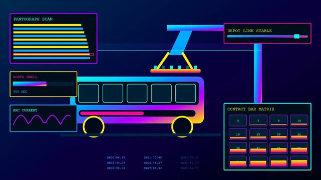 Digital electric bus charging infrastructure system display showing realtime battery level statistics with glowing neon data graphs on a dark blue screen interface for public transport