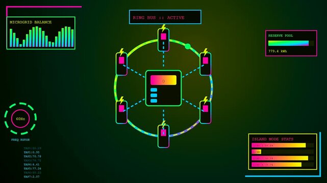 a digital charging infrastructure dashboard displaying network power distribution statistics with glowing neon icons and animated circular graphs representing energy flow in a virtual interface setup