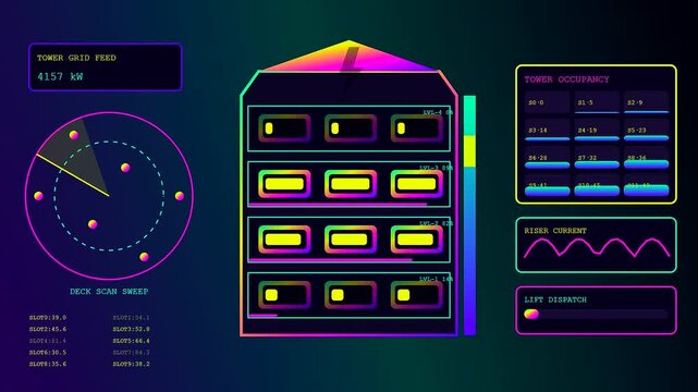 a charging infrastructure dashboard shows glowing neon data panels shifting across screens while electrical power levels fluctuate in a dark room with vibrant ultraviolet colors