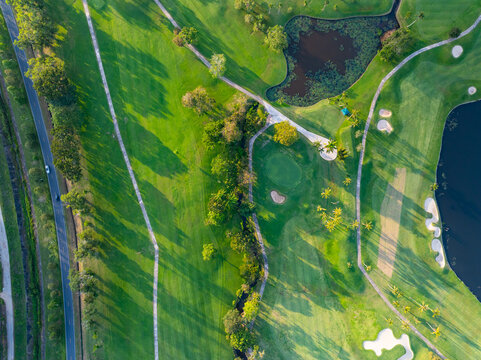 Aerial view drone shot of beautiful golf field in Phuket Thailand