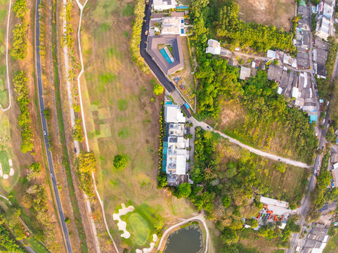 Aerial view drone shot of beautiful golf field in Phuket Thailand