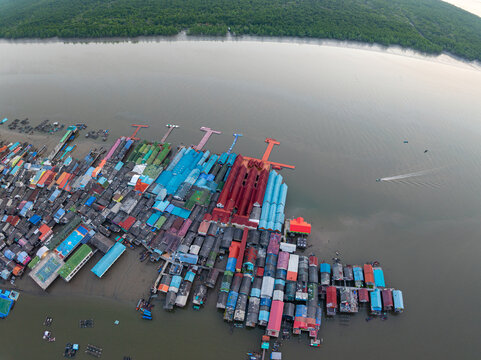 Aerial view of Panyee island in Phang Nga Thailand,Wide angle landscape Floating village, Koh Panyee fishing village island in Phang Nga, Thailand