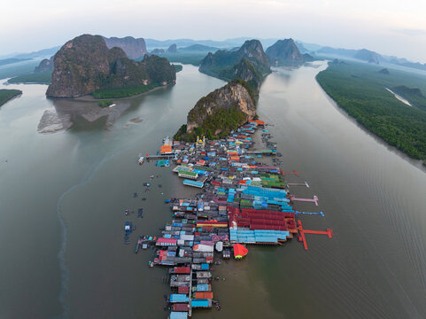 Aerial view of Panyee island in Phang Nga Thailand,Wide angle landscape Floating village, Koh Panyee fishing village island in Phang Nga, Thailand