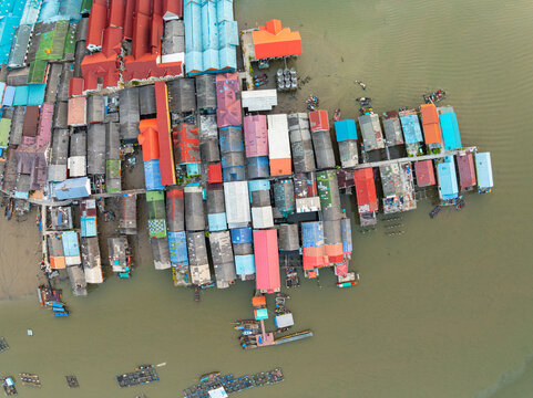 Aerial view of Panyee island in Phang Nga Thailand,Wide angle landscape Floating village, Koh Panyee fishing village island in Phang Nga, Thailand