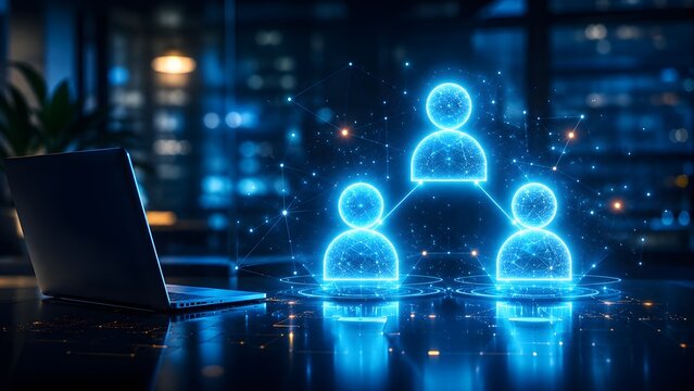 Laptop computer projecting glowing blue holographic network of connected user avatars in dark modern office