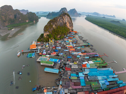 Aerial view of Panyee island in Phang Nga Thailand,Wide angle landscape Floating village, Koh Panyee fishing village island in Phang Nga, Thailand