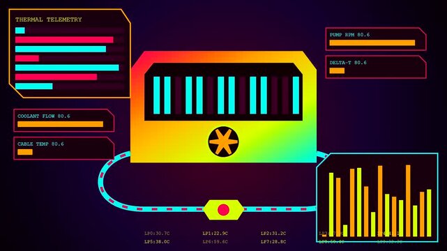 A digital charging infrastructure display monitor shows changing electrical telemetry metrics and vibrant neon yellow bars shifting rapidly across multiple computer interface panels in dark space