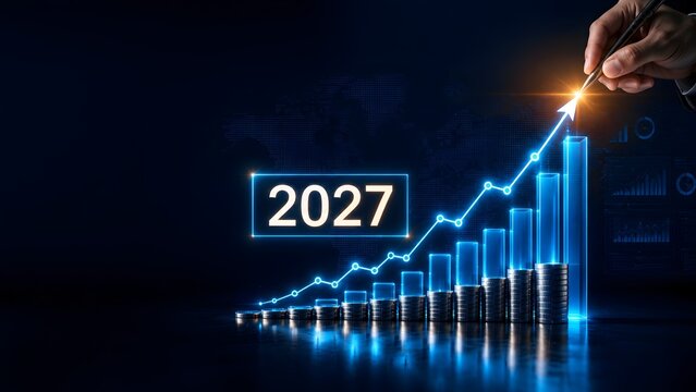 Financial growth and economic forecast concept for 2027 with hand drawing an upward glowing arrow over stacked coin graphs