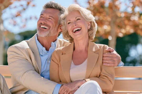 Elderly couple laughing together on park bench under autumn trees