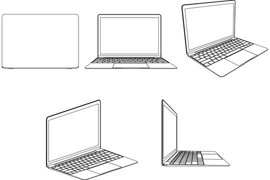 Technical CAD set of a laptop computer showing a closed top view, open front elevation, isometric 3D views, and a side profile outline.