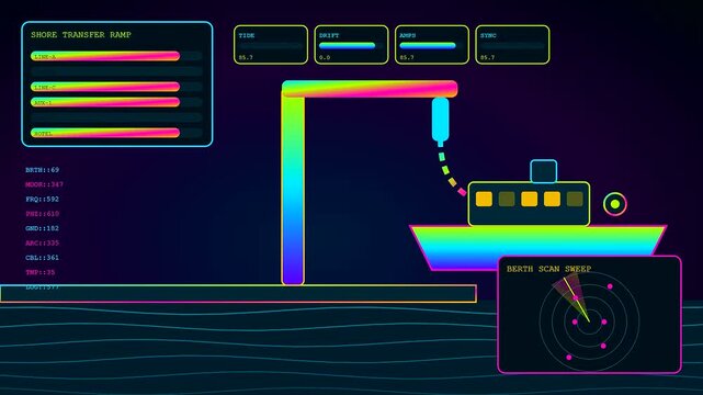 Innovative charging infrastructure monitoring system showing a nautical vessel docked at a harbor platform with animated radar data displays and glowing neon digital interface elements
