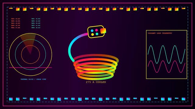 Detailed monitoring of charging infrastructure displays data flow diagrams showing energy levels and thermal metrics on triple screens within a dark purple digital user interface environment