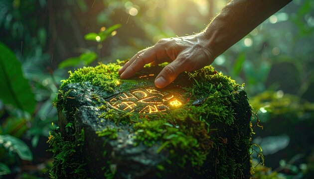 An explorers hand touches a glowing ancient rune carved into a mossy stone pillar in a lush jungle, evoking wonder and mystery. Ideal for fantasy, magical, and adventure concepts.