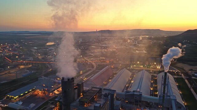 The site shows factories and industrial buildings with smoke emissions at sunset. A river is visible in the background while machines operate. Workers are likely busy at the site.