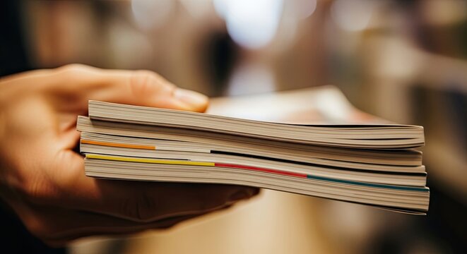 Close up of a person holding a stack of magazines or brochures in a library or bookstore