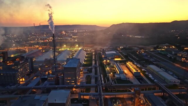 Industrial site shows buildings and smokestacks sending out smoke as the sun sets in the background, creating a mix of natural and man-made light in the city.