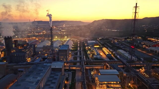 A busy industrial site is seen at sunset with smoke rising from chimneys. Buildings and structures are spread across the area. The sky has shades of orange and purple as the sun sets.