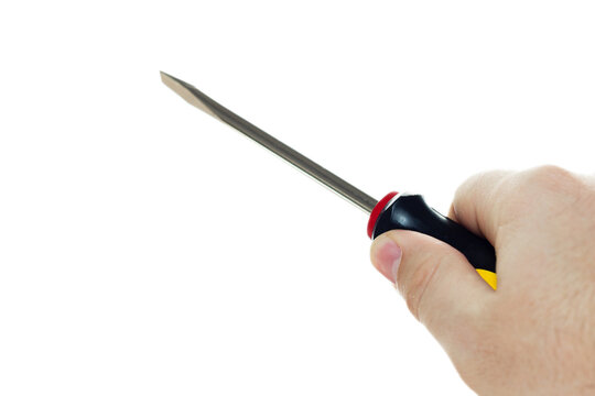 man hand holding a screwdriver. close up person holding screwdriver isolated on white background. copy space.