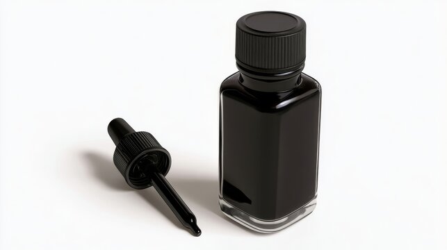 Black drawing ink glass bottle on white background