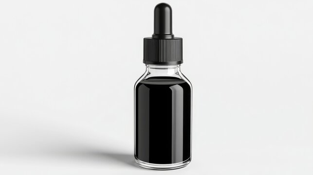 Glass ink bottle with dropper on clean white surface