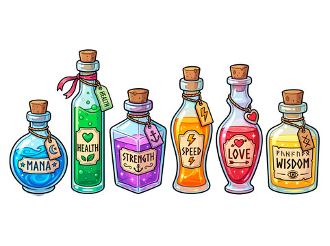 vector Collection of magical potions for fantasy games including mana health speed love and wisdom in colorful glass bottles on transparent background
