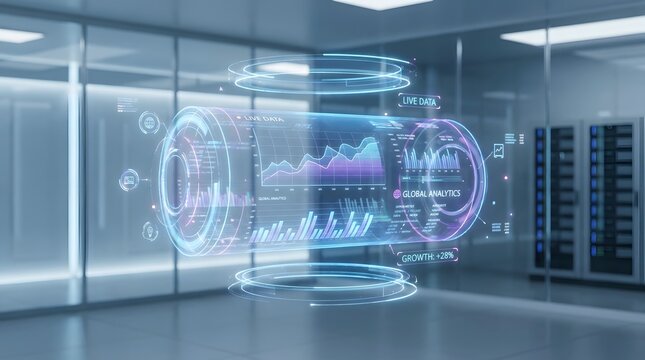 Futuristic Data Analytics Dashboard Hologram Floating in a Modern Server Room Interior