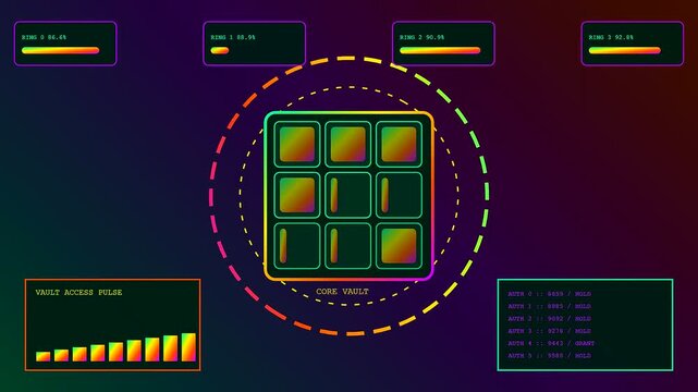 A digital parcel locker interface displays fluctuating data levels with vibrant neon gradients pulsing across a dark screen throughout the shifting three panel sequence of visual elements