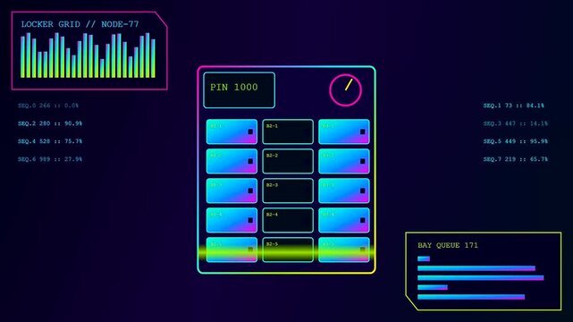 A digital parcel locker interface shows active loading sequences with glowing neon grid bars and changing status pin codes in a fluid dark monitor display