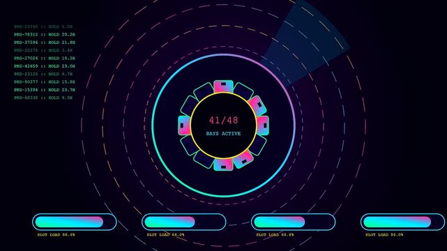 A digital parcel locker status interface displays circular loading rings with glowing neon light segments providing live inventory metrics within a dark virtual computer system dashboard