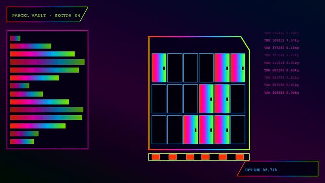 A digital parcel locker status interface showing three repeating screen sequences with vibrant rainbow bar graphs and data metrics displayed against a dark gradient studio environment