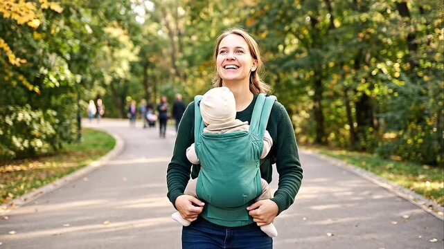 Happy smiling mother carrying her newborn baby in a comfortable teal baby carrier, adjusting straps while walking along a scenic path in a lush green park during a sunny outdoor family activity.
