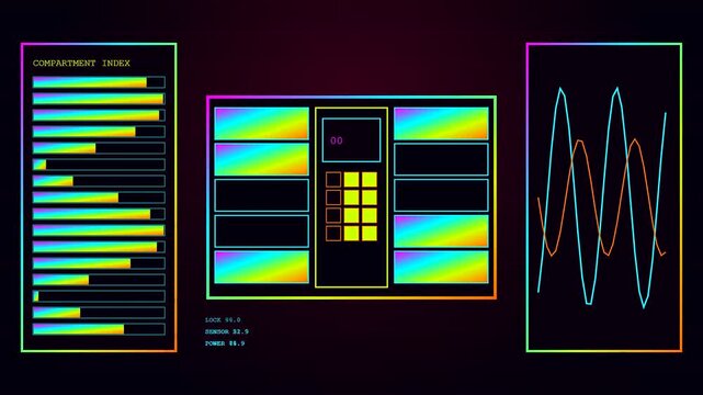 a colorful parcel locker interface displays digital data graphs and oscillating wave patterns across multiple glowing screen modules designed for secure automated shipping logistics operations today
