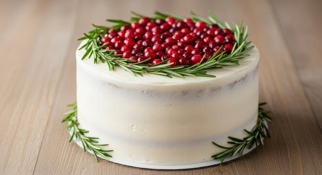 A decadent holiday layer cake topped with white frosting, red cranberries, and green rosemary sprigs, set on a rustic wooden table background, homemade, cinnamon, snack
