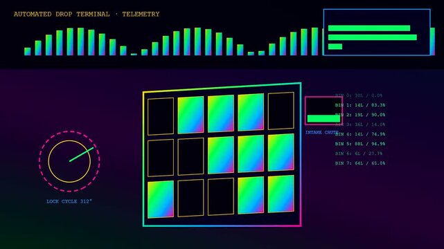 a parcel locker interface displays live telemetry data across three synchronized screens featuring colorful bar charts loading grids and radial cycling nodes in dark digital space