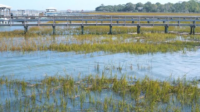 Flowing salt water tidal creek at a very high tide with marsh grass, and a dock boardwalk in the background, 4k.