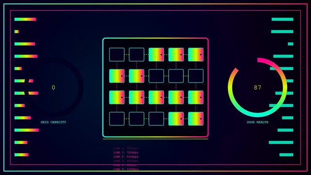 A digital parcel locker status interface displays real time loading sequences with neon glowing grid nodes flickering across a dark screen panel during loading cycles