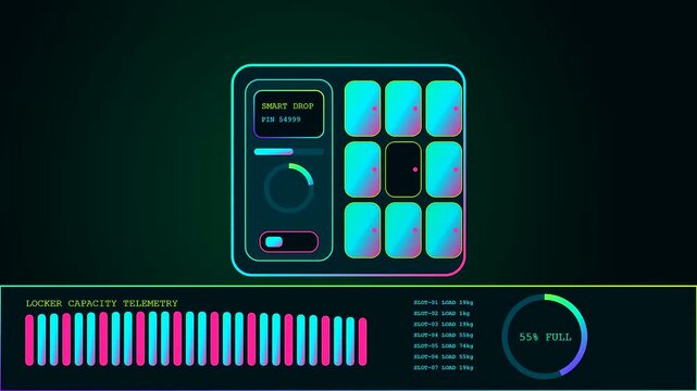 Neon illuminated parcel locker dashboard interface displays real time loading metrics with glowing digital status bars and holographic circular gauges in a dark cinematic digital monitor view