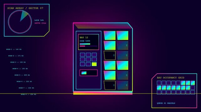 A neon glowing parcel locker interface displays digital storage occupancy status metrics on a dark purple gradient surface with floating circular radar data scanning visuals